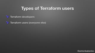 -	[x]	Terraform	modules	-	Yes,	must-have!	
-	[x]	How	to	structure	Terraform	configurations?	
		-	[x]	One-in-one	+	terragru...