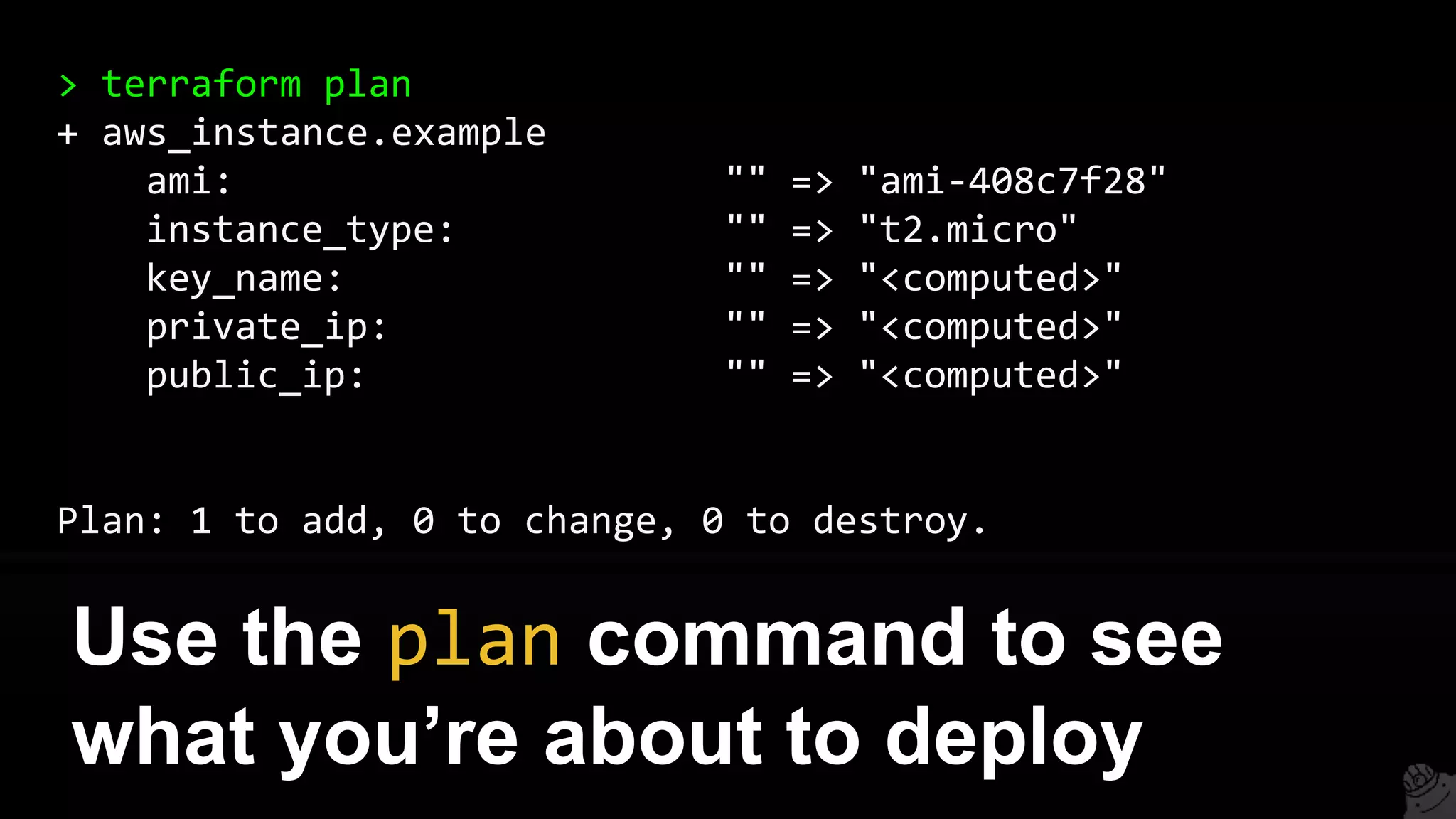 > terraform plan
+ aws_instance.example
ami: "" => "ami-408c7f28"
instance_type: "" => "t2.micro"
key_name: "" => "<computed>"
private_ip: "" => "<computed>"
public_ip: "" => "<computed>"
Plan: 1 to add, 0 to change, 0 to destroy.
Use the plan command to see
what you’re about to deploy
 