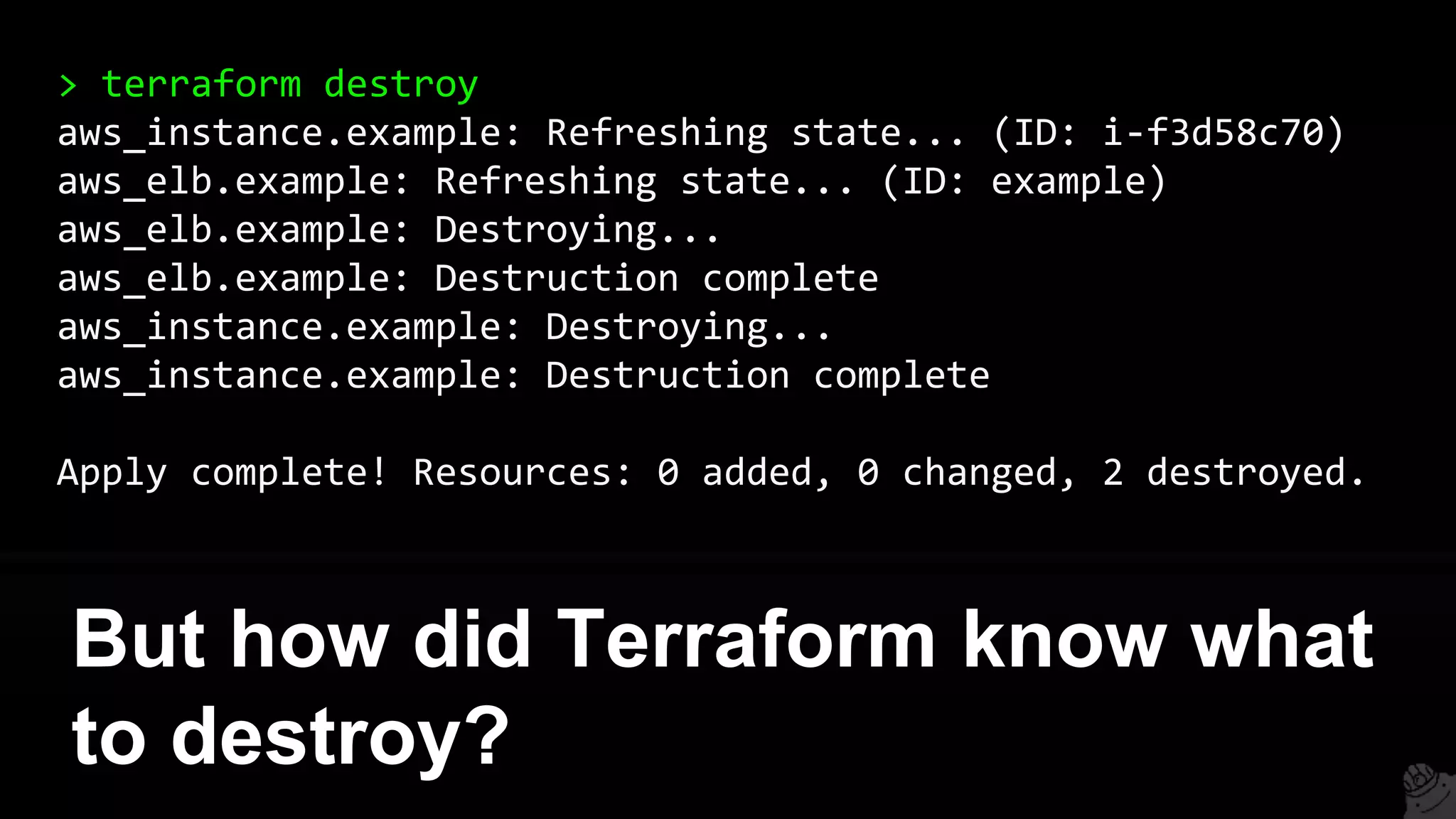 > terraform destroy
aws_instance.example: Refreshing state... (ID: i-f3d58c70)
aws_elb.example: Refreshing state... (ID: example)
aws_elb.example: Destroying...
aws_elb.example: Destruction complete
aws_instance.example: Destroying...
aws_instance.example: Destruction complete
Apply complete! Resources: 0 added, 0 changed, 2 destroyed.
But how did Terraform know what
to destroy?
 