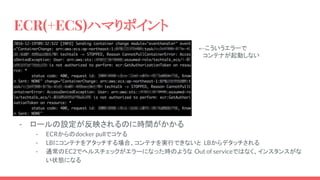 ECR(+ECS)ハマりポイント
-
-
-
- ロールの設定が反映されるのに時間がかかる
- ECRからのdocker pullでコケる
- LBにコンテナをアタッチする場合、コンテナを実行できないと LBからデタッチされる
- 通常のEC2でヘルスチェックがエラーになった時のような Out of serviceではなく、インスタンスがな
い状態になる
←こういうエラーで
　コンテナが起動しない
 