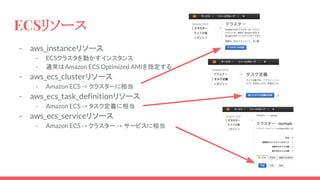 ECSリソース
- aws_instanceリソース
- ECSクラスタを動かすインスタンス
- 通常はAmazon ECS Optimized AMIを指定する
- aws_ecs_clusterリソース
- Amazon ECS -> クラスターに相当
- aws_ecs_task_definitionリソース
- Amazon ECS -> タスク定義に相当
- aws_ecs_serviceリソース
- Amazon ECS -> クラスター -> サービスに相当
 