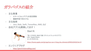 - 主な事業
- スマートフォンアプリの受託開発
- 機械学習で何かする
- 主な技術
- Java、Rails、Swift、Tensorflow、AWS...など
- 自社アプリも開発してます！
- エンジニアブログ
- http://gtech.hatenablog.com/
ガラパゴスの紹介
Start fit
「脱・三日坊主」始めて続く ダイエットフィットネスアプリ
iOS / Apple Watch
ひっそり40万+DL
https://itunes.apple.com/jp/app/tuo-san-ri-fang-zhu-shimete/id985618426?mt=8
 
