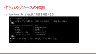 作られるリソースの確認
- terraform plan すると実行計画を確認できる
$ terraform plan
Refreshing Terraform state in-memory prior to plan…
（略）
+ aws_ecr_repository.repo
arn: "<computed>"
name: "techtalk"
registry_id: "<computed>"
repository_url: "<computed>"
（略）
Plan: 2 to add, 0 to change, 0 to destroy.
$
 