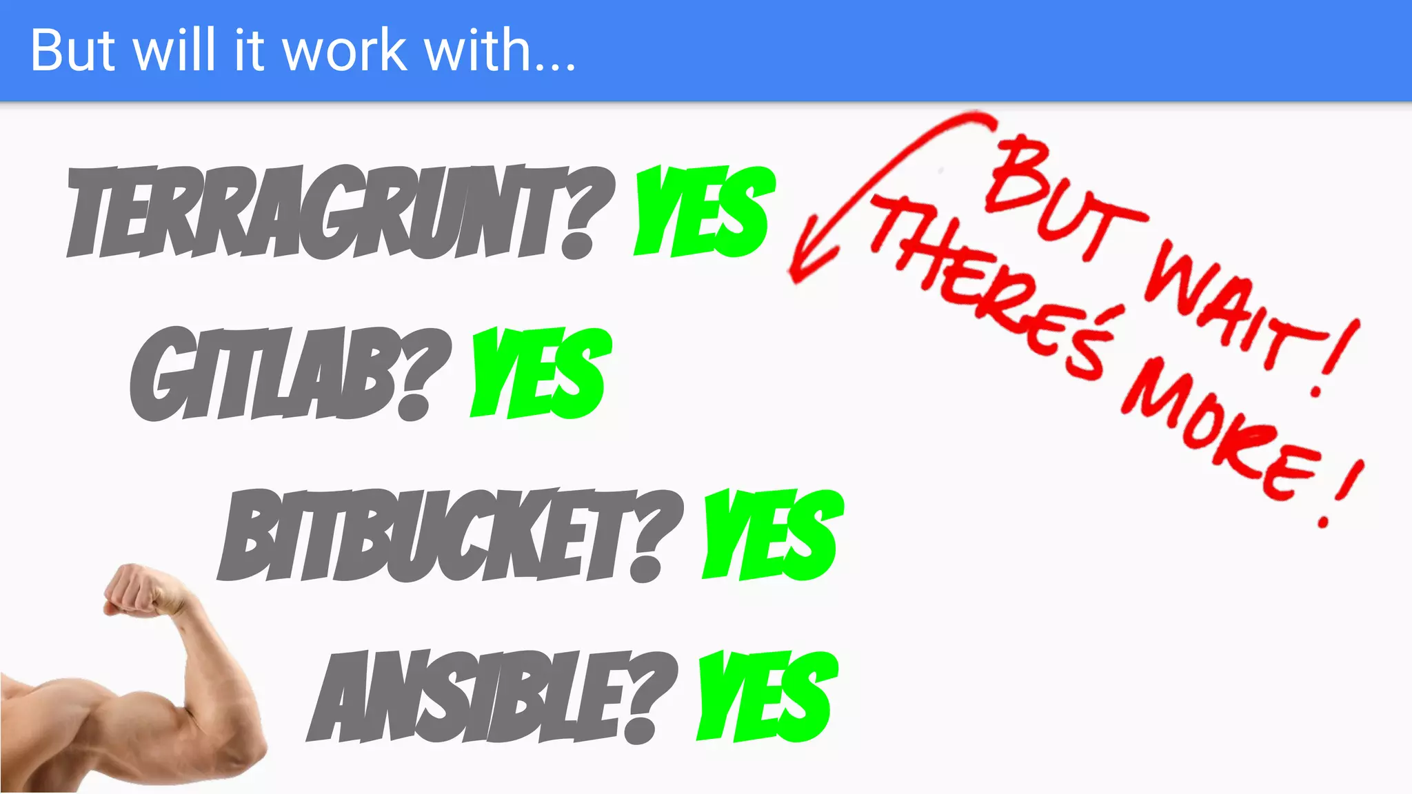 But will it work with...
Terragrunt? YES
GITLAB? YES
BITBUCKET? YES
ANSIBLE? YES
 