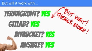 But will it work with...
Terragrunt? YES
GITLAB? YES
BITBUCKET? YES
ANSIBLE? YES
 
