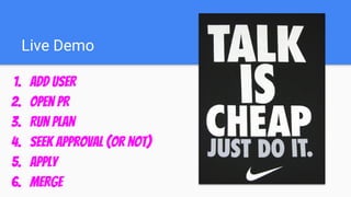 Live Demo
1. Add User
2. Open PR
3. Run Plan
4. Seek Approval (or not)
5. Apply
6. Merge
 
