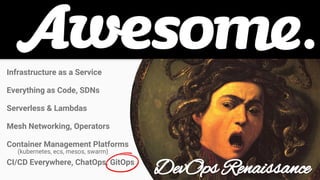 Infrastructure as a Service
Everything as Code, SDNs
Serverless & Lambdas
Mesh Networking, Operators
Container Management Platforms
CI/CD Everywhere, ChatOps, GitOps
DevOps Renaissance
(kubernetes, ecs, mesos, swarm)
 