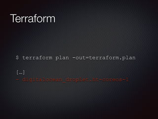 Terraform 
$ terraform plan -out=terraform.plan 
! 
[…] 
- digitalocean_droplet.ht-coreos-1 
 