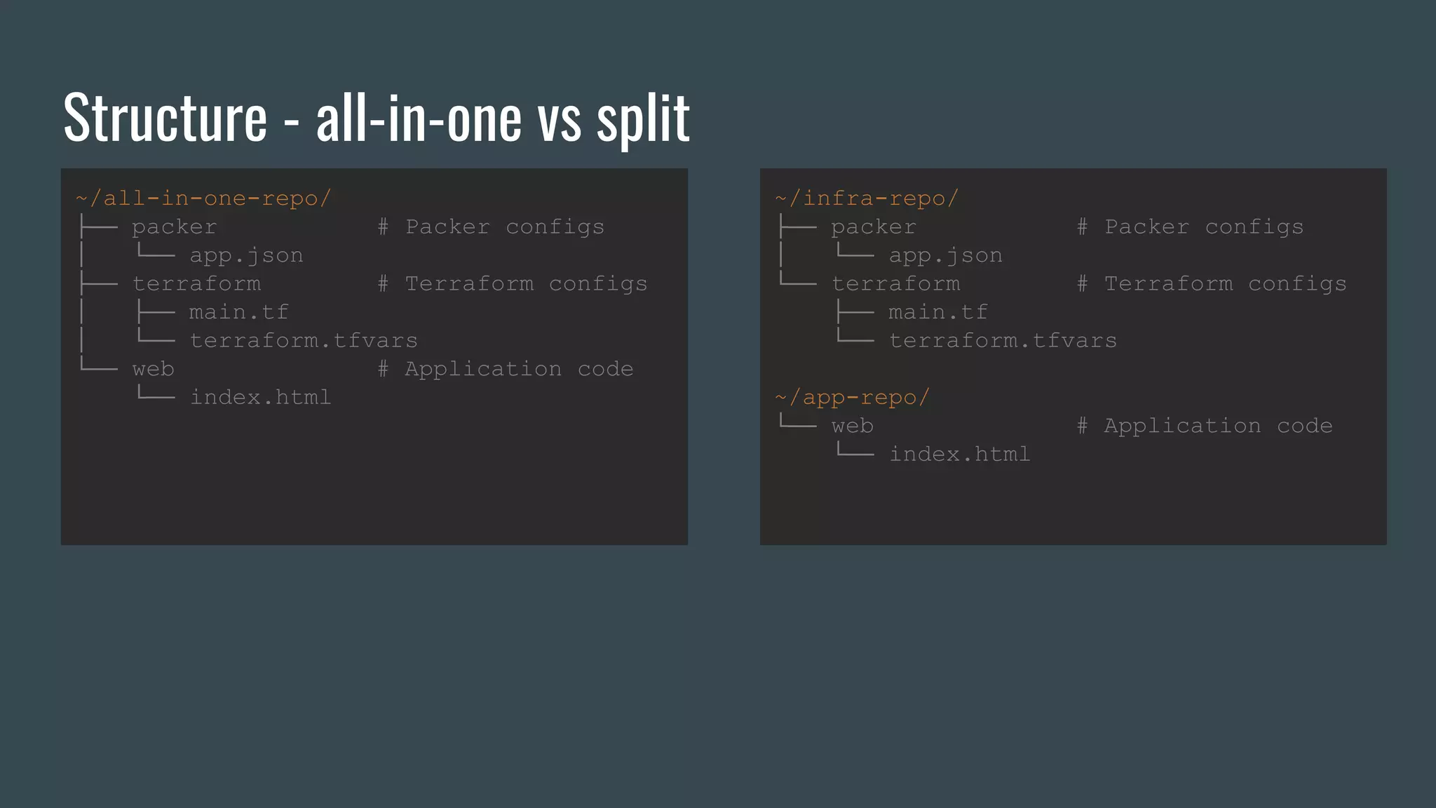Structure - all-in-one vs split
~/all-in-one-repo/
├── packer # Packer configs
│ └── app.json
├── terraform # Terraform configs
│ ├── main.tf
│ └── terraform.tfvars
└── web # Application code
└── index.html
~/infra-repo/
├── packer # Packer configs
│ └── app.json
└── terraform # Terraform configs
├── main.tf
└── terraform.tfvars
~/app-repo/
└── web # Application code
└── index.html
 