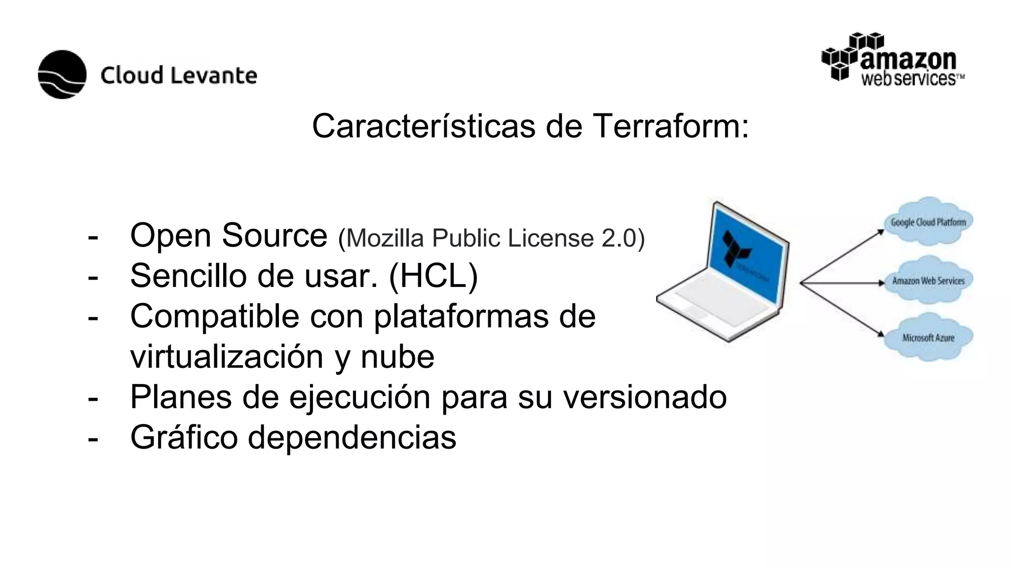 - Open Source (Mozilla Public License 2.0)
- Sencillo de usar. (HCL)
- Compatible con plataformas de
virtualización y nube
- Planes de ejecución para su versionado
- Gráfico dependencias
Características de Terraform:
 