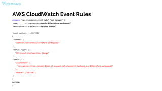 AWS CloudWatch Event Rules
resource "aws_cloudwatch_event_rule" "ecs-manager" {
name = "capture-ecs-events-${terraform.workspace}"
description = "Capture ECS related events"
event_pattern = <<PATTERN
{
"source": [
"comtravo.terraform.${terraform.workspace}"
],
"detail-type": [
"ECS Launch Configuration Change"
],
"detail": {
"clusterArn": [
"arn:aws:ecs:${var.region}:${var.ct_account_id}:cluster/ct-backend-ecs-${terraform.workspace}"
],
"status": ["ACTIVE"]
}
}
PATTERN
}
 