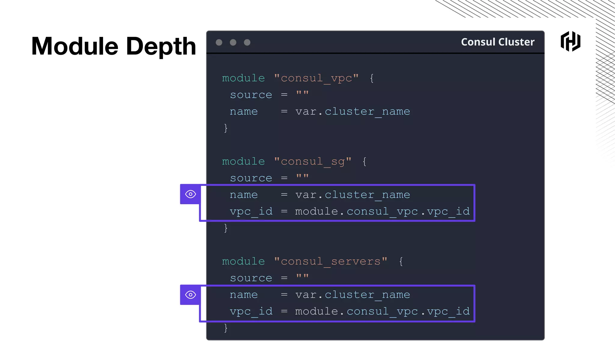 Module Depth Consul Cluster
module "consul_vpc" {
source = ""
name = var.cluster_name
}
module "consul_sg" {
source = ""
name = var.cluster_name
vpc_id = module.consul_vpc.vpc_id
}
module "consul_servers" {
source = ""
name = var.cluster_name
vpc_id = module.consul_vpc.vpc_id
}
 