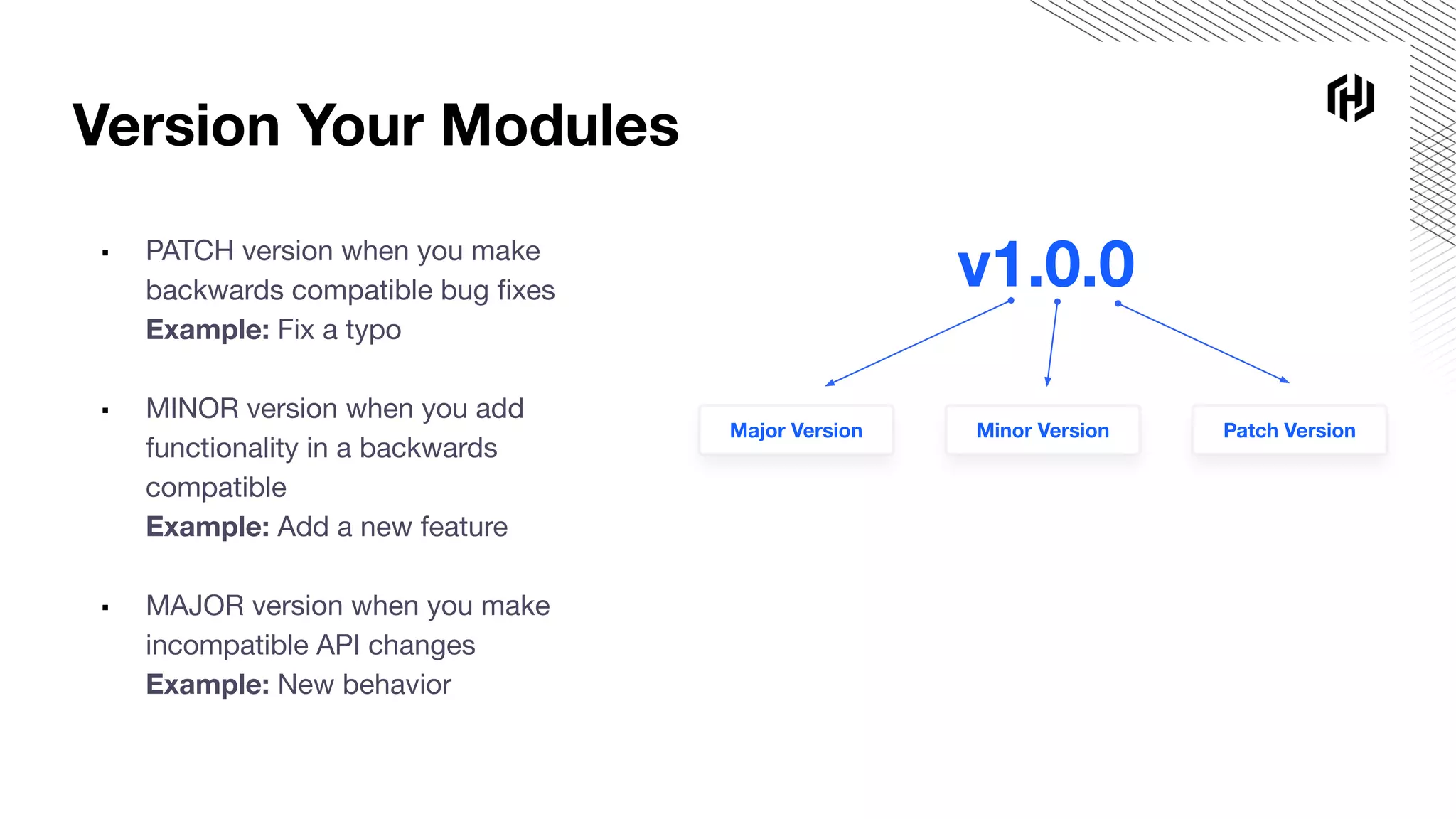 Version Your Modules
▪ PATCH version when you make
backwards compatible bug ﬁxes
Example: Fix a typo
▪ MINOR version when you add
functionality in a backwards
compatible
Example: Add a new feature
▪ MAJOR version when you make
incompatible API changes
Example: New behavior
v1.0.0
Major Version Minor Version Patch Version
 