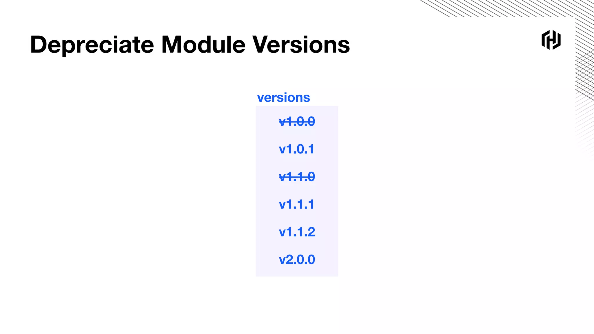 Depreciate Module Versions
v1.0.0
v1.1.0
v2.0.0
v1.0.1
v1.1.1
v1.1.2
versions
 