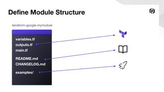 Deﬁne Module Structure
terraform-google-mymodule
variables.tf
outputs.tf
README.md
CHANGELOG.md
examples/
main.tf
 