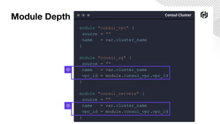 Module Depth Consul Cluster
module "consul_vpc" {
source = ""
name = var.cluster_name
}
module "consul_sg" {
source = ""
name = var.cluster_name
vpc_id = module.consul_vpc.vpc_id
}
module "consul_servers" {
source = ""
name = var.cluster_name
vpc_id = module.consul_vpc.vpc_id
}
 