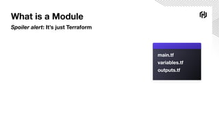 main.tf
variables.tf
outputs.tf
What is a Module
Spoiler alert: It’s just Terraform
 