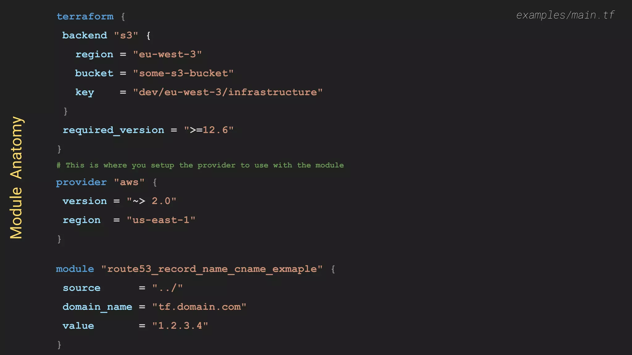 terraform {
backend "s3" {
region = "eu-west-3"
bucket = "some-s3-bucket"
key = "dev/eu-west-3/infrastructure"
}
required_version = ">=12.6"
}
# This is where you setup the provider to use with the module
provider "aws" {
version = "~> 2.0"
region = "us-east-1"
}
module "route53_record_name_cname_exmaple" {
source = "../"
domain_name = "tf.domain.com"
value = "1.2.3.4"
}
ModuleAnatomy examples/main.tf
 