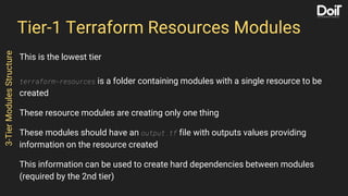 Tier-1 Terraform Resources Modules
This is the lowest tier
terraform-resources is a folder containing modules with a single resource to be
created
These resource modules are creating only one thing
These modules should have an output.tf file with outputs values providing
information on the resource created
This information can be used to create hard dependencies between modules
(required by the 2nd tier)
3-TierModulesStructure
 