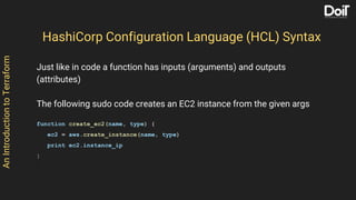 AnIntroductiontoTerraform
Just like in code a function has inputs (arguments) and outputs
(attributes)
The following sudo code creates an EC2 instance from the given args
function create_ec2(name, type) {
ec2 = aws.create_instance(name, type)
print ec2.instance_ip
}
HashiCorp Configuration Language (HCL) Syntax
 