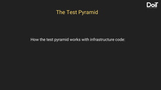 The Test Pyramid
How the test pyramid works with infrastructure code:
 