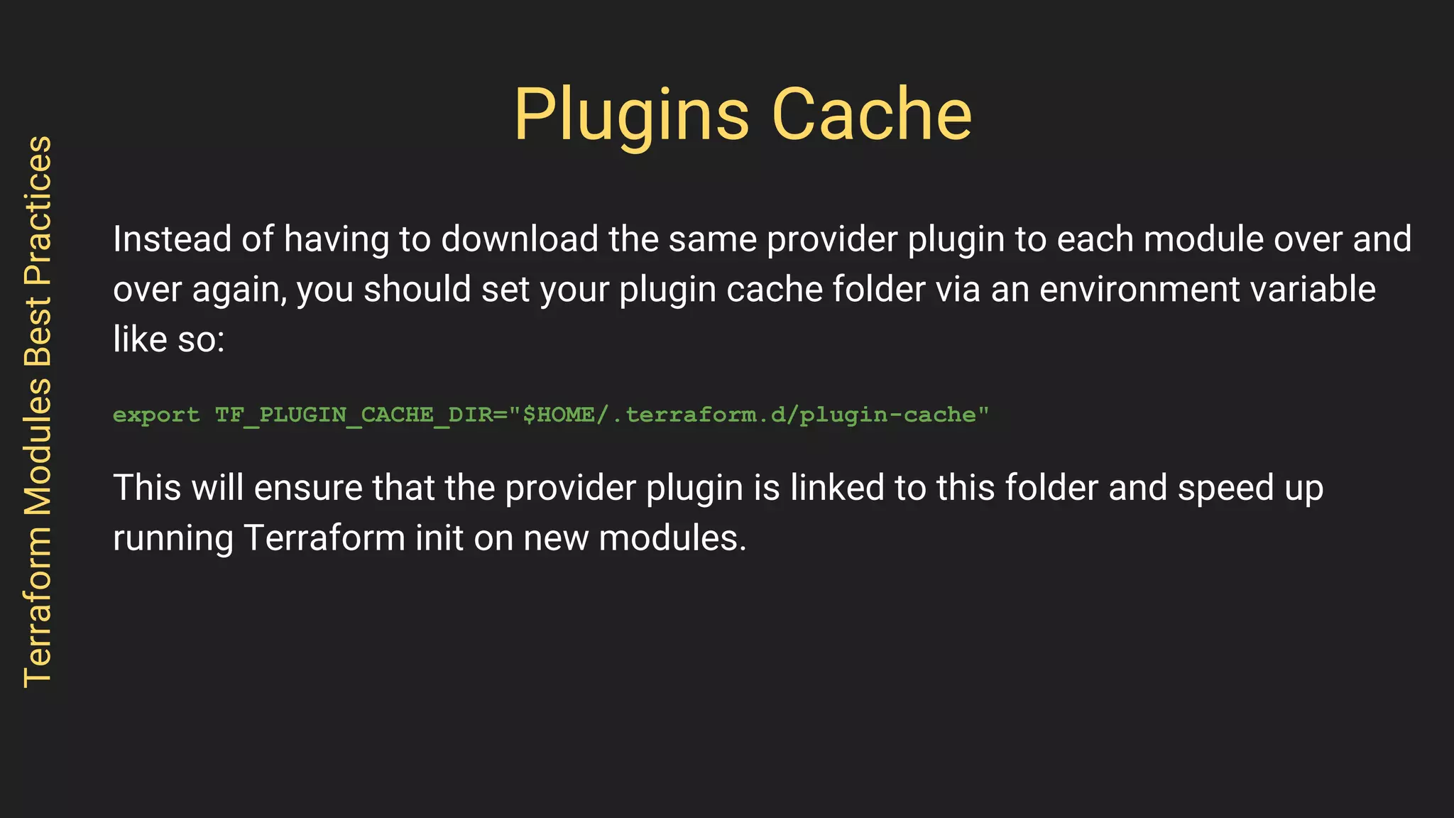 Plugins Cache
Instead of having to download the same provider plugin to each module over and
over again, you should set your plugin cache folder via an environment variable
like so:
export TF_PLUGIN_CACHE_DIR="$HOME/.terraform.d/plugin-cache"
This will ensure that the provider plugin is linked to this folder and speed up
running Terraform init on new modules.
TerraformModulesBestPractices
 