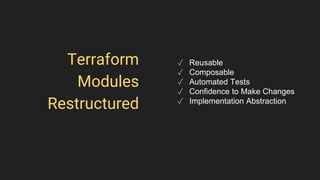 Terraform
Modules
Restructured
✓ Reusable
✓ Composable
✓ Automated Tests
✓ Confidence to Make Changes
✓ Implementation Abstraction
 