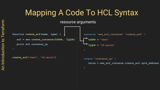 AnIntroductiontoTerraform
Mapping A Code To HCL Syntax
function create_ec2(name, type) {
ec2 = aws.create_instance(name, type)
print ec2.instance_ip
}
create_ec2("test", "t2.micro")
resource "aws_ec2_instance" "create_ec2" {
name = "test"
type = "t2.micro"
}
output "instance_ip" {
value = aws_ec2_instance.create_ec2.ipv4_address
}
resource arguments
 