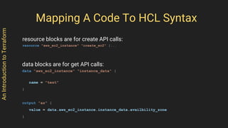 AnIntroductiontoTerraform
Mapping A Code To HCL Syntax
resource blocks are for create API calls:
resource "aws_ec2_instance" "create_ec2" {...
data blocks are for get API calls:
data "aws_ec2_instance" "instance_data" {
name = "test"
}
output "az" {
value = data.aws_ec2_instance.instance_data.availbility_zone
}
 