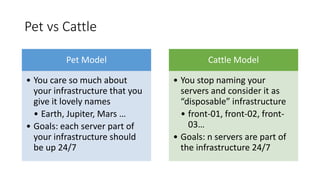 Pet vs Cattle
Pet Model
• You care so much about
your infrastructure that you
give it lovely names
• Earth, Jupiter, Mars …
• Goals: each server part of
your infrastructure should
be up 24/7
Cattle Model
• You stop naming your
servers and consider it as
“disposable” infrastructure
• front-01, front-02, front-
03…
• Goals: n servers are part of
the infrastructure 24/7
 