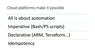 Cloud platforms make it possible
All is about automation
Imperative (Bash/PS scripts)
Declarative (ARM, Terraform…)
Idempotency
 