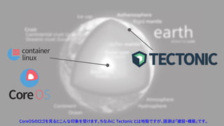 CoreOSのロゴを見るとこんな印象を受けます。ちなみに Tectonic とは地殻ですが、語源は「建設・構築」です。
 
