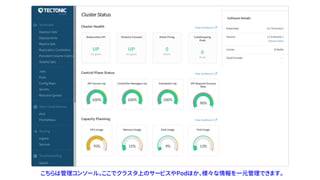 こちらは管理コンソール。ここでクラスタ上のサービスやPodほか、様々な情報を一元管理できます。
 