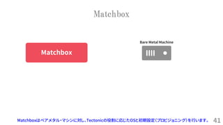 41
Matchbox
Matchboxはベアメタル・マシンに対し、Tectonicの役割に応じたOSと初期設定（プロビジョニング）を行います。
Matchbox
Bare Metal Machine
 