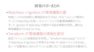 構築の章・まとめ
•Matchbox -> Ignition が環境構築の要
物理ノードのOS初期化・環境設定を行うのは、プロビジョニング専用の
サービス Matchbox を使い、ネットワーク上で自動環境構築を行う。
そして、Ignition が Matchbox の提供する設定情報を参照し、適切な
環境構築を行えるようにする。
•Terraform が環境構築の情報を提供
設定ファイル上の変数設定を参照し、 “terraform plan/apply” コマンド
で Matchbox や Ignition が参照する YAML や JSON ファイルを生成し、
各ノード起動後は、SSH ログインと（必要に応じて）追加設定を自動実行。
 