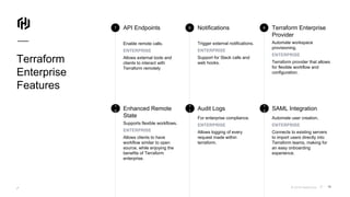 © 2019 HashiCorp
7
1
0
8
1
1
9
1
2
API Endpoints
Enable remote calls.
ENTERPRISE
Allows external tools and
clients to interact with
Terraform remotely
Notifications
Trigger external notifications.
ENTERPRISE
Support for Slack calls and
web hooks.
Terraform Enterprise
Provider
Automate workspace
provisioning.
ENTERPRISE
Terraform provider that allows
for flexible workflow and
configuration.
Enhanced Remote
State
Supports flexible workflows.
ENTERPRISE
Allows clients to have
workflow similar to open
source, while enjoying the
benefits of Terraform
enterprise.
Audit Logs SAML Integration
For enterprise compliance.
ENTERPRISE
Allows logging of every
request made within
terraform.
Automate user creation.
ENTERPRISE
Connects to existing servers
to import users directly into
Terraform teams, making for
an easy onboarding
experience.
Terraform
Enterprise
Features
10
 
