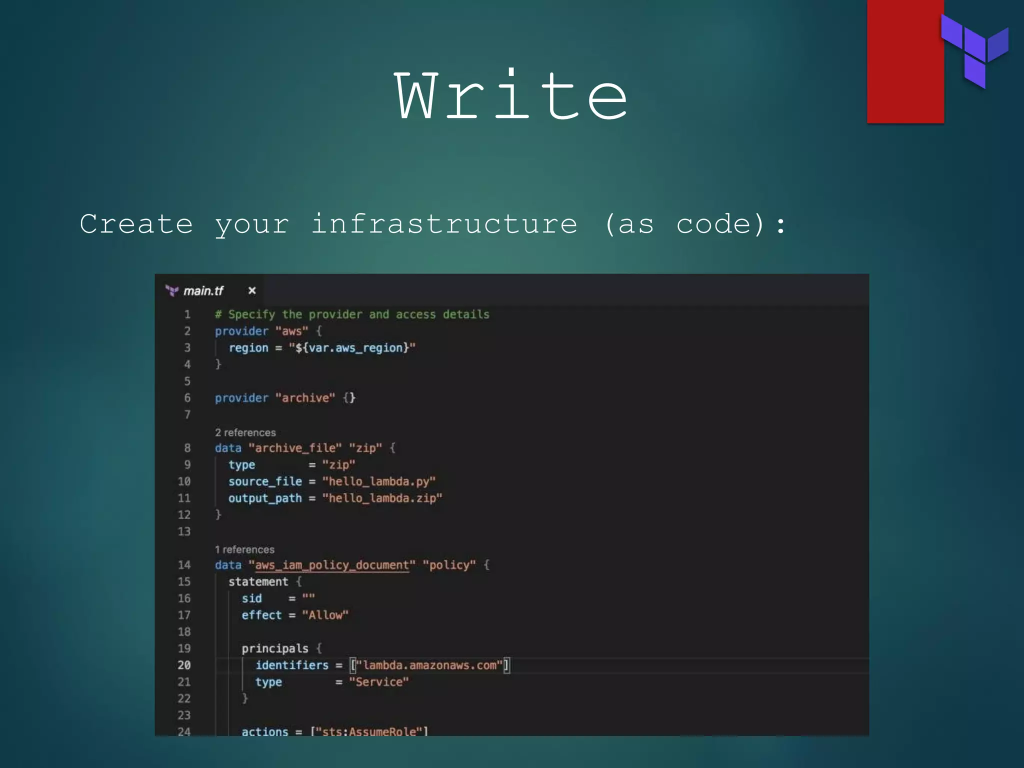 Write
Create your infrastructure (as code):
 