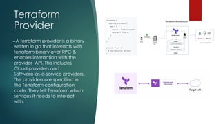 Terraform
Provider
►A terraform provider is a binary
written in go that interacts with
terraform binary over RPC &
enables interaction with the
provider API. This includes
Cloud providers and
Software-as-a-service providers.
The providers are specified in
the Terraform configuration
code. They tell Terraform which
services it needs to interact
with.
 