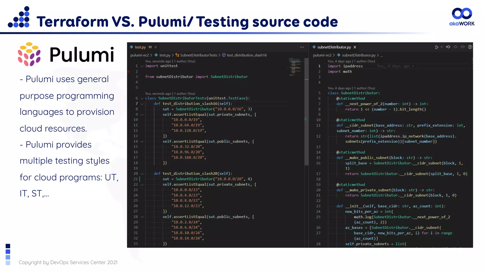 Copyright by DevOps Services Center 2021
Terraform VS. Pulumi/ Testing source code
- Pulumi uses general
purpose programming
languages to provision
cloud resources.
- Pulumi provides
multiple testing styles
for cloud programs: UT,
IT, ST,…
 