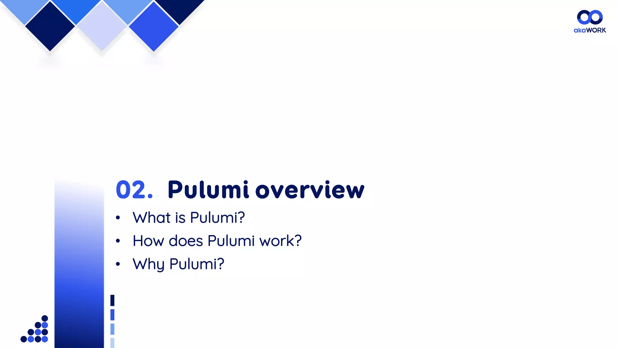 Pulumi overview
• What is Pulumi?
• How does Pulumi work?
• Why Pulumi?
02.
 
