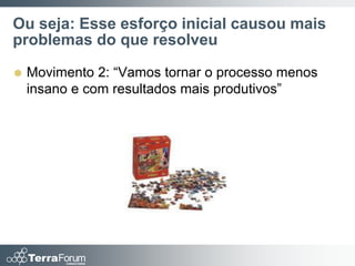 Ou seja: Esse esforço inicial causou mais
problemas do que resolveu

   Movimento 2: “Vamos tornar o processo menos
    insano e com resultados mais produtivos”
 
