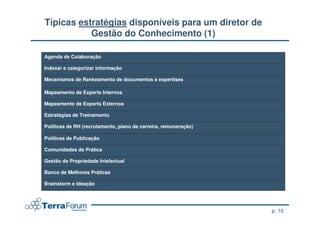 Típicas estratégias disponíveis para um diretor de
           Gestão do Conhecimento (1)

Agenda de Colaboração

Indexar e categorizar informação

Mecanismos de Rankeamento de documentos e expertises

Mapeamento de Experts Internos

Mapeamento de Experts Externos

Estratégias de Treinamento

Políticas de RH (recrutamento, plano de carreira, remuneração)

Políticas de Publicação

Comunidades de Prática

Gestão de Propriedade Intelectual

Banco de Melhores Práticas

Brainstorm e Ideação




                                                                 p. 10
 