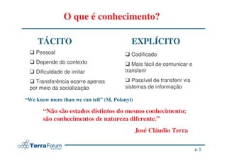 O que é conhecimento?

     TÁCITO                                EXPLÍCITO
    Pessoal                                Codificado
    Depende do contexto                    Mais fácil de comunicar e
    Dificuldade de imitar               transferir

   Transferência ocorre apenas             Passível de transferir via
 por meio da socialização               sistemas de informação

“We know more than we can tell” (M. Polanyi)

       “Não são estados distintos do mesmo conhecimento;
       são conhecimentos de natureza diferente.”
                                               José Cláudio Terra

                                                                        p. 5
 