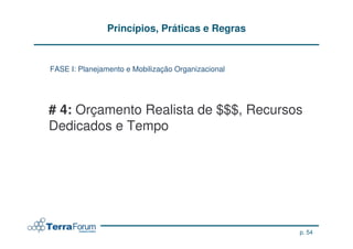 Princípios, Práticas e Regras


FASE I: Planejamento e Mobilização Organizacional




# 4: Orçamento Realista de $$$, Recursos
Dedicados e Tempo




                                                    p. 54
 