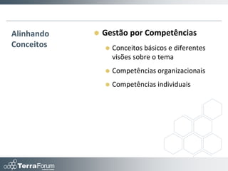 Alinhando      Gestão por Competências
Conceitos          Conceitos básicos e diferentes
                    visões sobre o tema
                   Competências organizacionais
                   Competências individuais
 