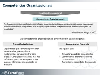 Competências Individuais
                                     Estratégia Organizacional

                                     Competências Individuais

Competência é uma inteligência prática de situações que se apoia sobre conceitos e conhecimentos
adquiridos e os transforma com mais força conforme aumenta a complexidade das situações.

                                                                                                FIA-USP


              Capacidades                                                  Entregas

Conjunto de capacidades básicas dos                        Resultados esperados de cada
indivíduos, muitas vezes descritos como                    profissional, relacionados às suas
suas formações.                                            realizações e experiências.




   O detalhamento das competências individuais orienta a execução dos subprocessos de
         RH, como R&S, Educação, Remuneração e Reconhecimento, entre outros.
 