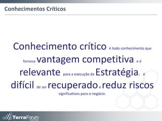 Integração entre os Processos
A integração entre estes processos deve ocorrer tanto no nível organizacional quanto no individual,
trazendo benefícios tangíveis e intangíveis.
                                           Cultura Organizacional
                                         Estratégia Organizacional

                                            Conhecimentos
                                                  Processos
                                                Organizacionais




                                                                     Competências Individuais
                       Organizacionais
                       Competências




Direcionada pela estratégia da organização e levando em consideração os elementos da cultura
organizacional.
 