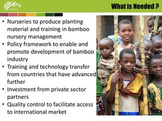 What is Needed ? 
• Nurseries to produce planting 
material and training in bamboo 
nursery management 
• Policy framework to enable and 
promote development of bamboo 
industry 
• Training and technology transfer 
from countries that have advanced 
further 
• Investment from private sector 
partners 
• Quality control to facilitate access 
to international market 
