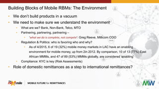 Building Blocks of Mobile RBMs: The Environment
MOBILE FUTURE for REMITTANCES
• We don’t build products in a vacuum
• We need to make sure we understand the environment
• What are we? Bank, Non-Bank, Telco, MTO
• Partnering, partnering, partnering –
• ‘what we do is complete, not compete’: Greg Reeve, Millicom COO
• Regulation & Politics: who is favoring who and why?
• As of 4/2015, 6 of 19 (32%) mobile money markets in LAC have an enabling
environment for mobile money, up from 2in 2012. By comparison, 10 of 13 (77%) East
African MMMs, and 47 of 89 (53%) MMMs globally, are considered ‘enabling’
• Compliance: KYC is key (Risk Assessments)
• Role of domestic remittances as a step to international remittances?
 