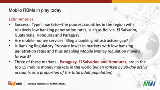 Mobile RBMs in play today
MOBILE FUTURE for REMITTANCES
Latin America
• Success: Type I markets—the poorest countries in the region with
relatively low banking penetration rates, such as Bolivia, El Salvador,
Guatemala, Honduras and Paraguay
• Are mobile money services filling a banking infrastructure gap?
• Is Banking Regulatory Pressure lower in markets with low banking
penetration rates and thus enabling Mobile Money regulation moving
forward?
• Three of these markets - Paraguay, El Salvador, and Honduras, are in the
top 15 mobile money markets in the world (when ranked by 90-day active
accounts as a proportion of the total adult population)
 